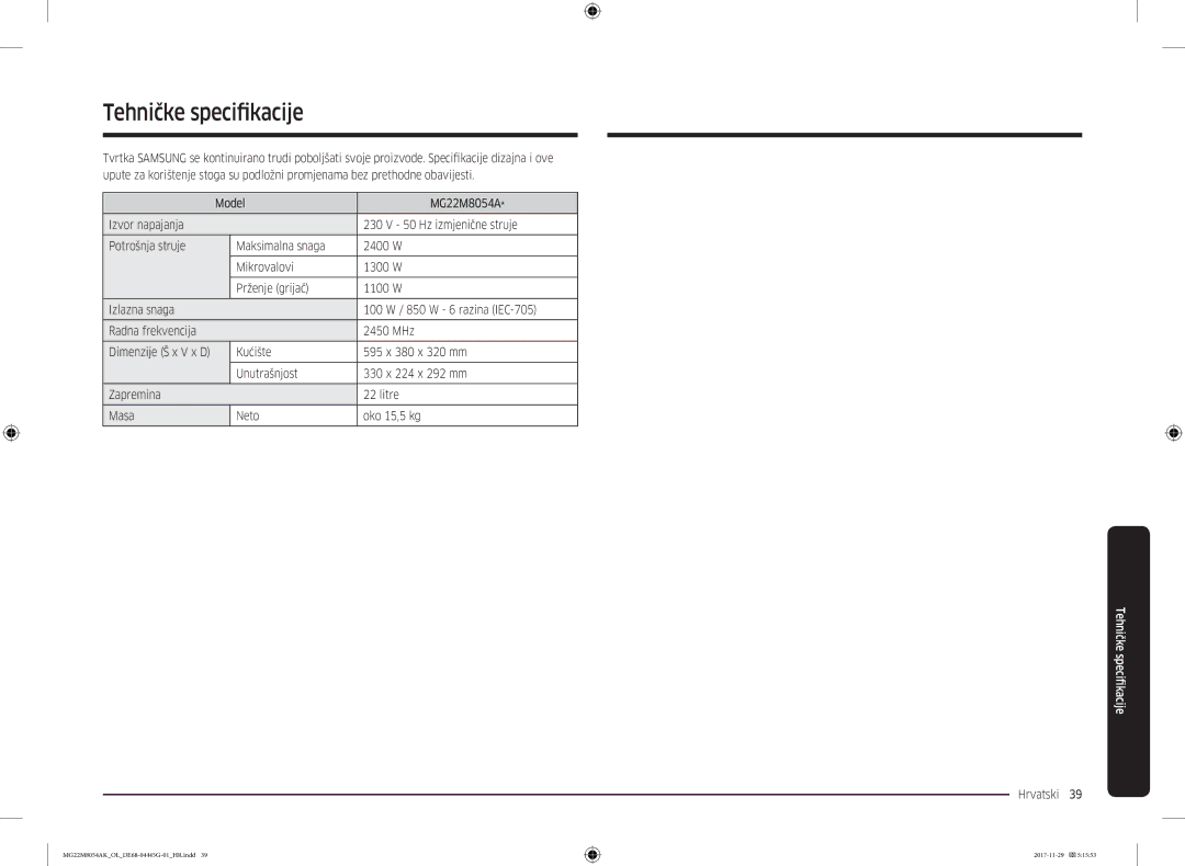 Samsung MG22M8054AK/OL manual Tehničke specifikacije, Hrvatski  